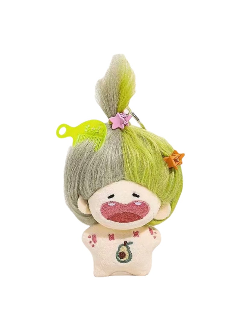 Creative DIY Hairstyle Cotton Doll, Cute Little Girl Schoolbag Pendant Plush Doll Car Keychain Schoolbag Pendant (Green And Gray Color Matching)