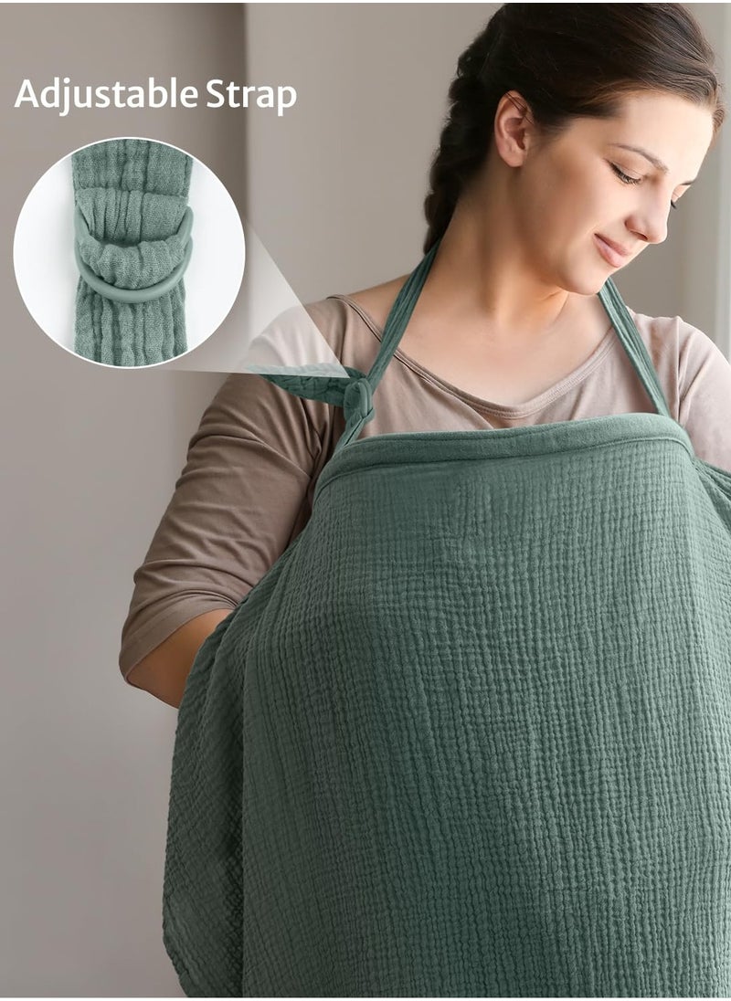 Muslin Nursing Cover for Baby Breastfeeding, Breathable 100% Cotton Breastfeeding Cover with Rigid Hoop for Mother Nursing Apron (Sage)