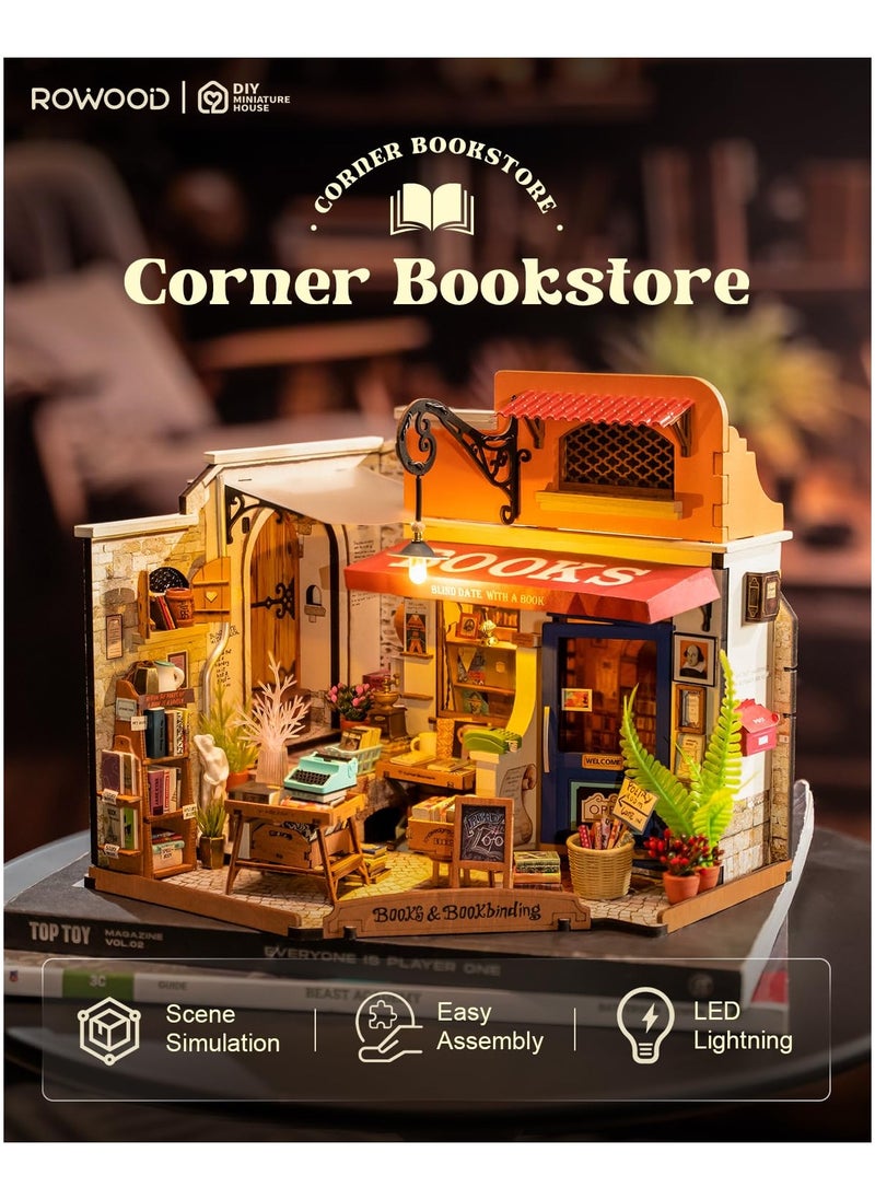 Miniature House Kit,Mini House Building Kit with LED,DIY Dollhouse Craft Kits for Adults,Birthday for Women Kids Ages 14+(Corner Bookstore)