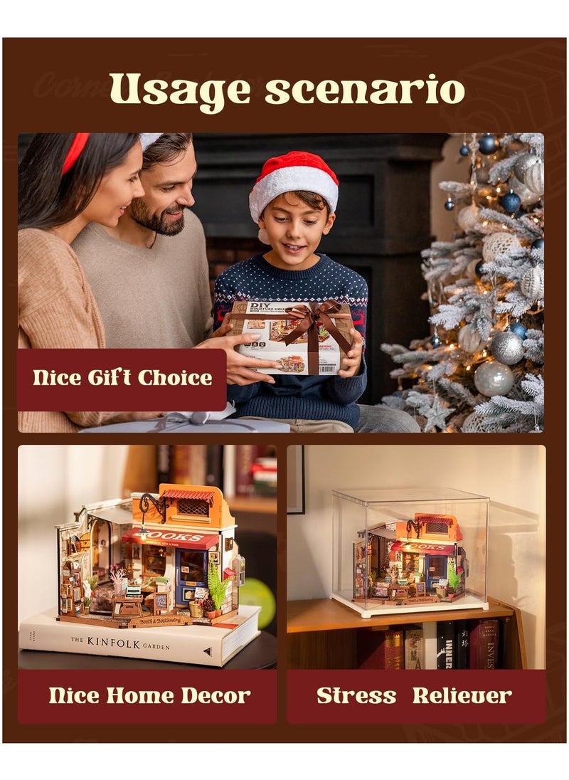 Miniature House Kit,Mini House Building Kit with LED,DIY Dollhouse Craft Kits for Adults,Birthday for Women Kids Ages 14+(Corner Bookstore)