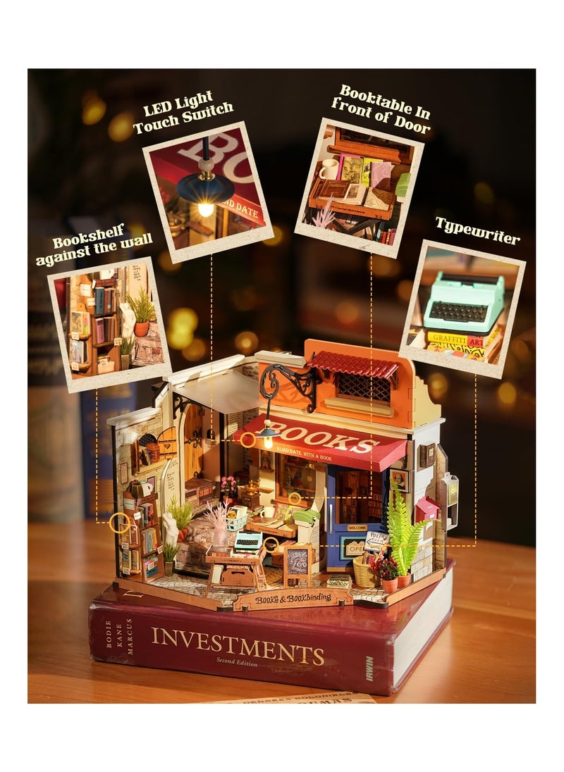 Miniature House Kit,Mini House Building Kit with LED,DIY Dollhouse Craft Kits for Adults,Birthday for Women Kids Ages 14+(Corner Bookstore)