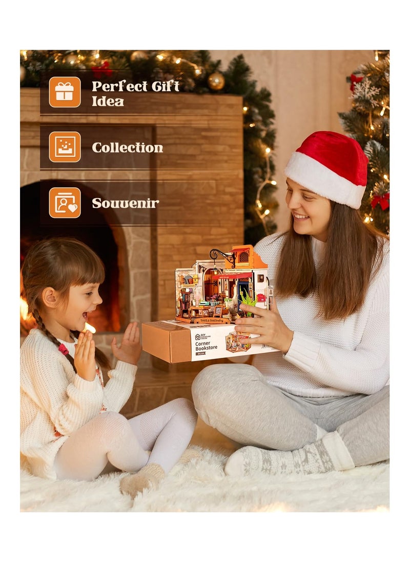 Miniature House Kit,Mini House Building Kit with LED,DIY Dollhouse Craft Kits for Adults,Birthday for Women Kids Ages 14+(Corner Bookstore)