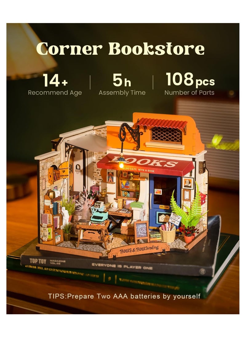 Miniature House Kit,Mini House Building Kit with LED,DIY Dollhouse Craft Kits for Adults,Birthday for Women Kids Ages 14+(Corner Bookstore)