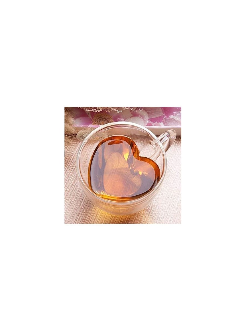 Heart Shaped Double Walled Insulated Glass Coffee Milk Mugs or Tea Cups, Double Wall Glass 10 oz - Clear, Unique & Insulated with Handle Heat resistant Hand Made