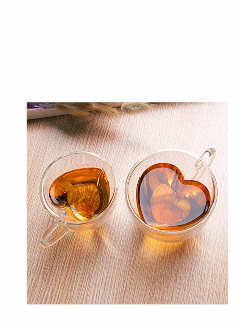 Candeer Heart Shaped Double Walled Insulated Glass Coffee Mugs or Tea Cups, Double Wall Glass, Clear, Unique and Insulated with Handle, Heart Shape Clear Double Layer Glass