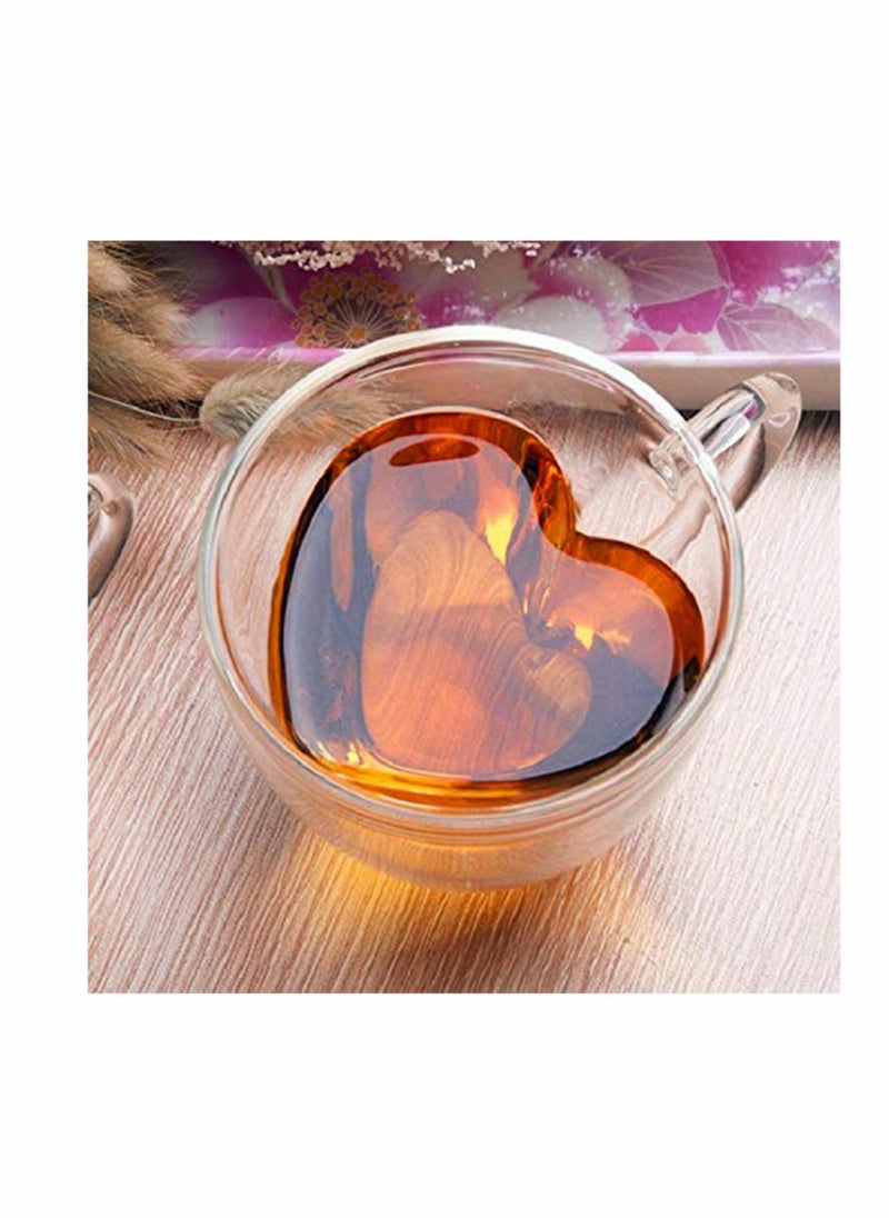 Candeer Heart Shaped Double Walled Insulated Glass Coffee Mugs or Tea Cups, Double Wall Glass, Clear, Unique and Insulated with Handle, Heart Shape Clear Double Layer Glass