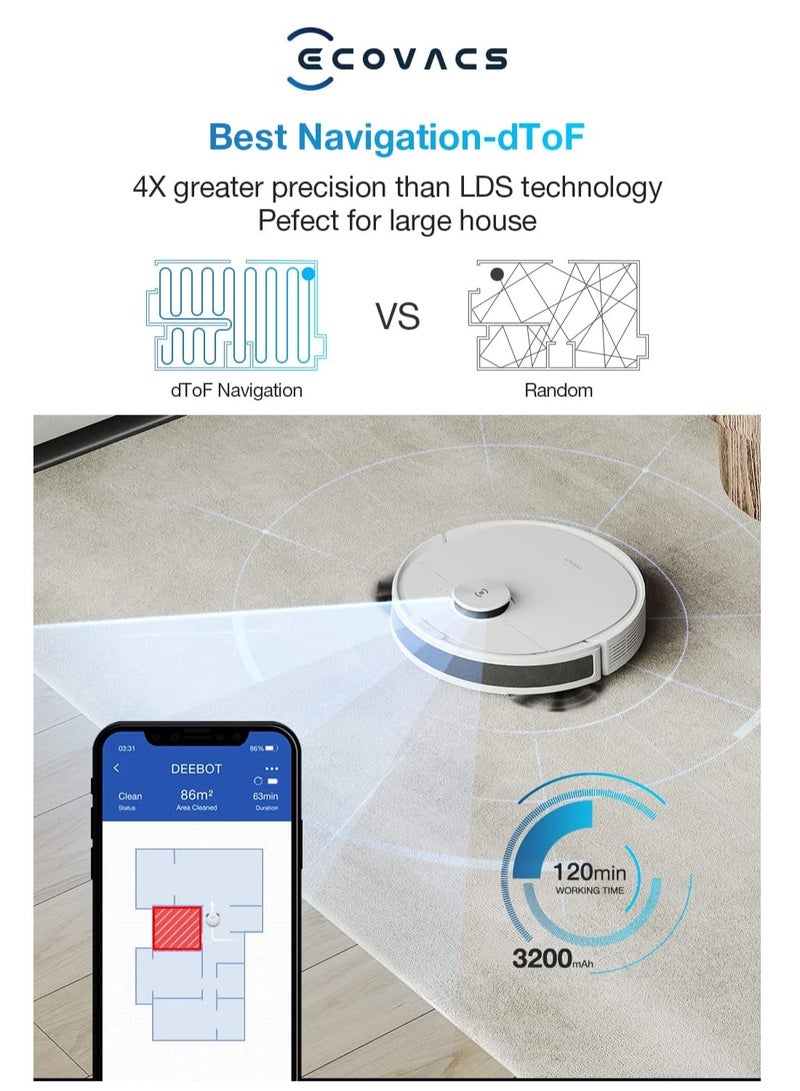 Robot Vacuum Cleaner and Mop, Powerful 2300Pa Suction, Advanced Laser-Based LiDAR Navigation, Multi-Floor Mapping, Up to 110 Minutes Runtime(1 Year Warranty) 35 W Deebot n8 White