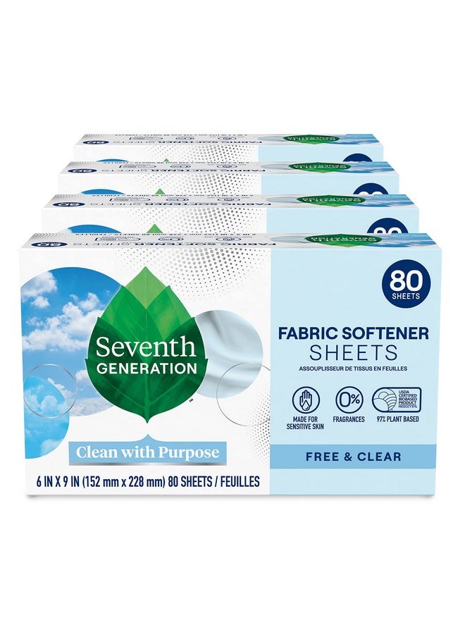 Seventh Generation Dryer Sheets Fabric Softener Free & Clear Fragrance Free 80 Sheets (Pack of 4)