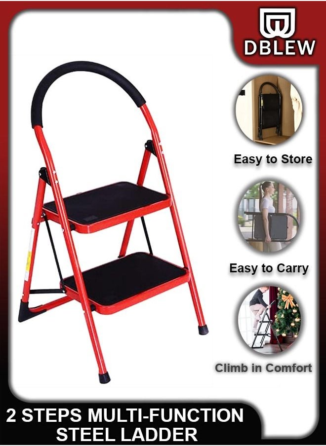 2 Steps Portable Household Telescopic Folding Multi-Function Step Steel Ladder Stool Chair with Wide Anti Slip Pedal and Comfort Hand grip for Adults Home Kitchen Garden Office Warehouse