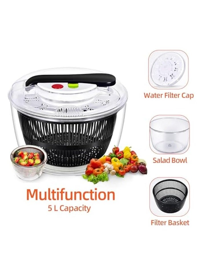 Large Salad Spinner, Manual Button Salad Dryer with 5L Bowl, Vegetable Washer and Dryer, Lettuce Cleaner and Dryer, Kitchen Veggie Rotating Drain Basket, Fruit Storage Container for Fridge