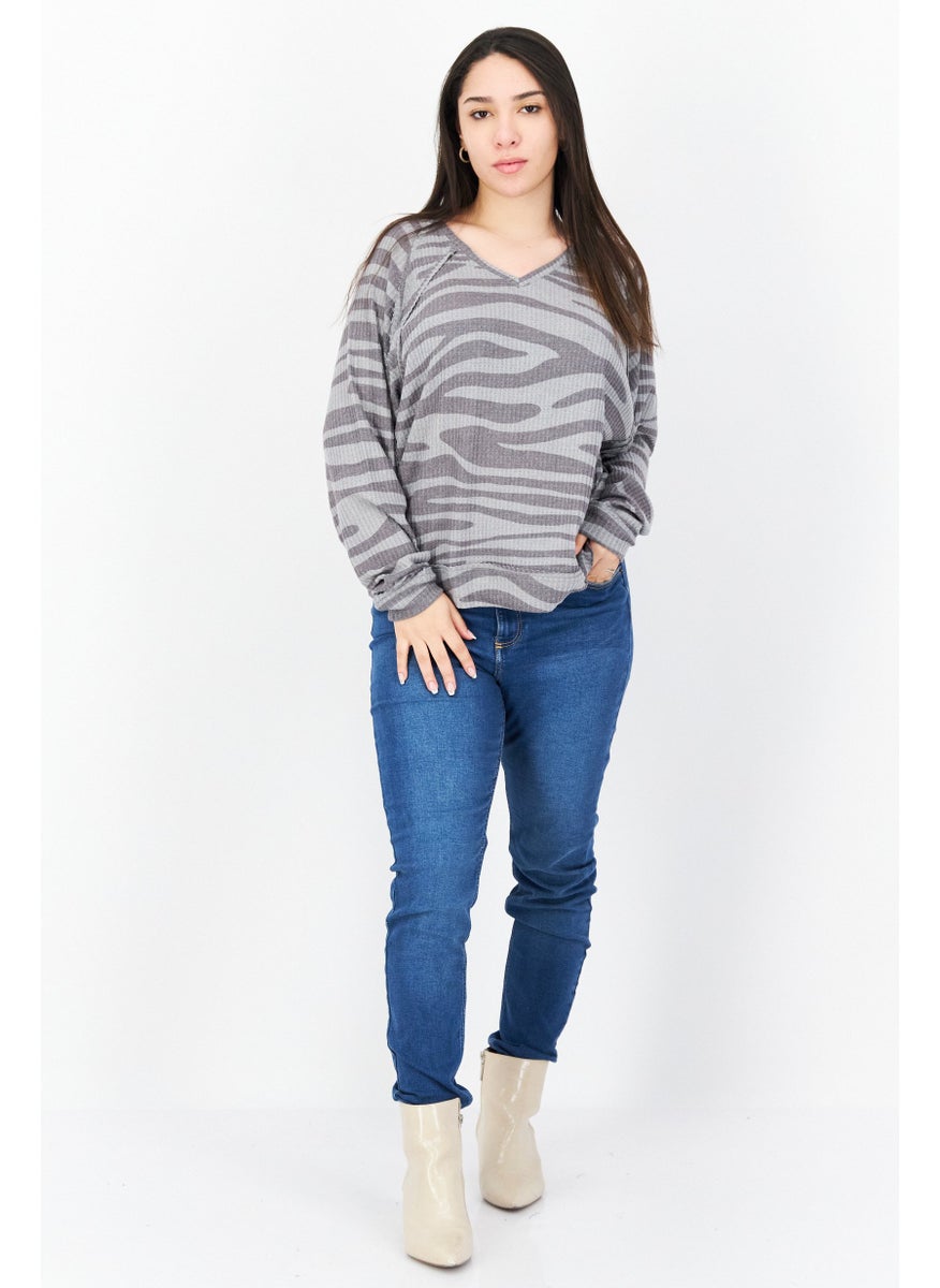 Women V-Neck Long Sleeve Stripe Top, Grey