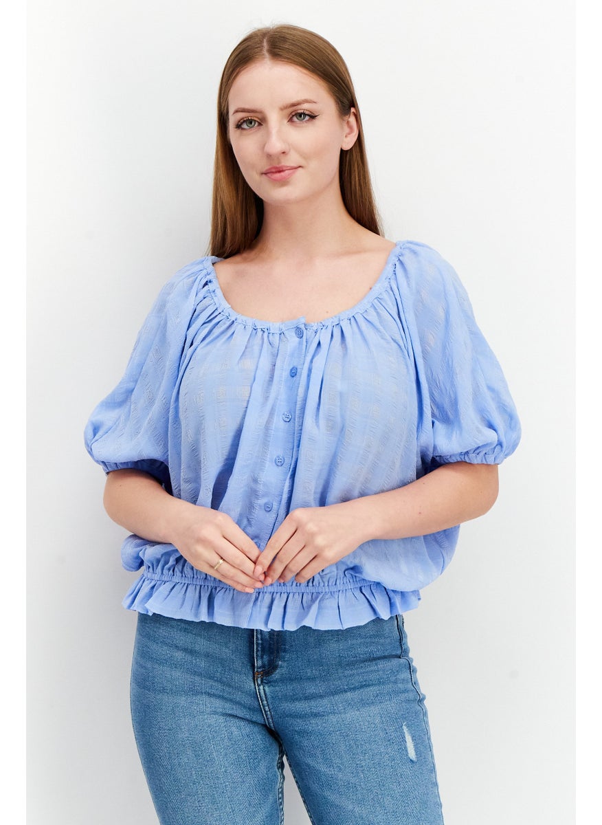 Women Scoop Neck Puffed Sleeve Peasant Top, Blue