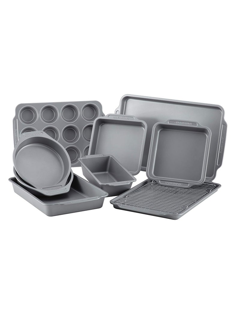 Farberware Nonstick Steel Bakeware Set with Cooling Rack, Baking Pan and Cookie Sheet Set with Nonstick Bread Pan and Cooling Grid, 10-Piece Set, Gray