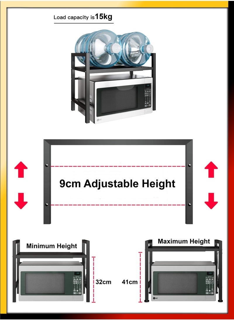 Countertop Expandable Metal Microwave Oven Rack Telescopic Shelf Kitchen Supplies Tableware Layered Storage Tiers Carbon Stainless Steel Counter Rice Cooker Stand Contains With 6 Hooks