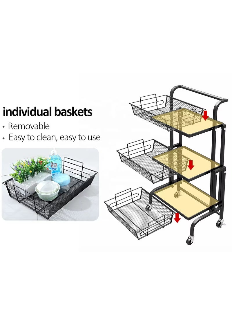 3-Tier Rolling Kitchen Cart with Wheels Metal Storage Rack for Bathroom Office Coffee Bar Fruits and Vegetables Foldable and Swivel Design Versatile Storage Shelf with Handle Baskets and Containers for Home Organization