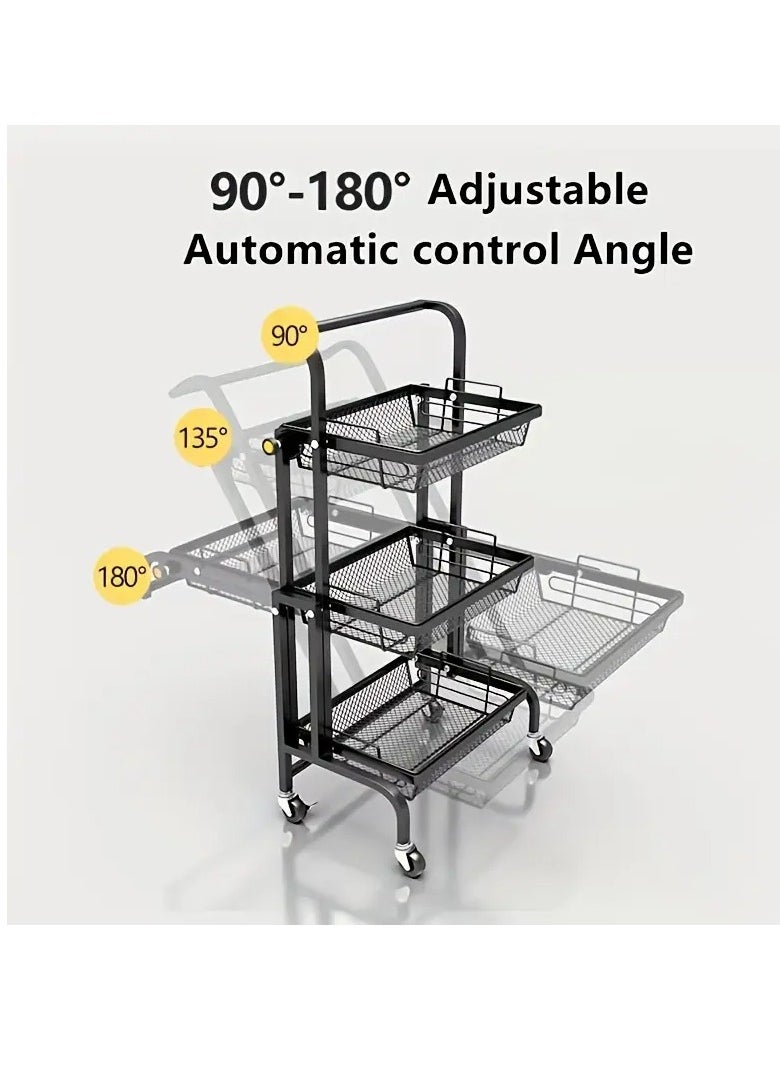 3-Tier Rolling Kitchen Cart with Wheels Metal Storage Rack for Bathroom Office Coffee Bar Fruits and Vegetables Foldable and Swivel Design Versatile Storage Shelf with Handle Baskets and Containers for Home Organization