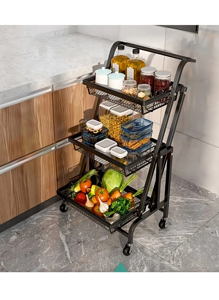 3-Tier Rolling Kitchen Cart with Wheels Metal Storage Rack for Bathroom Office Coffee Bar Fruits and Vegetables Foldable and Swivel Design Versatile Storage Shelf with Handle Baskets and Containers for Home Organization