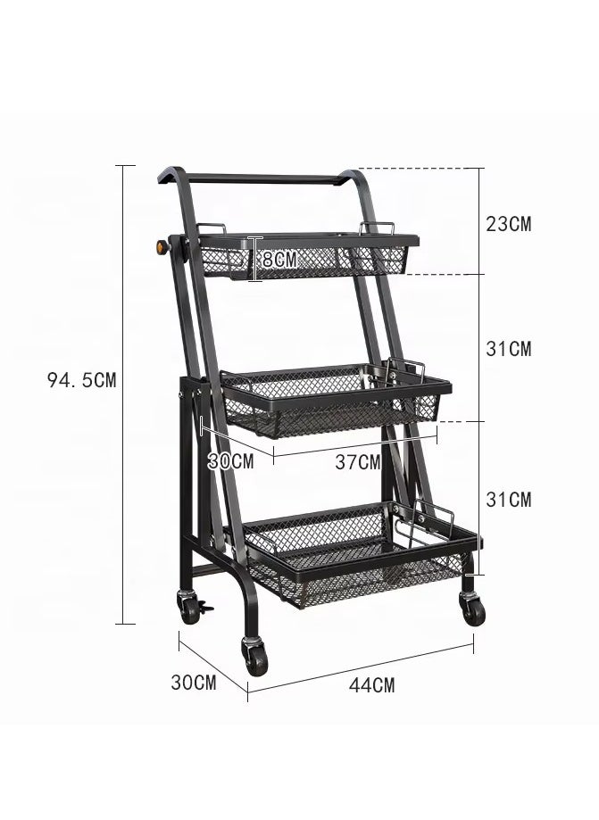 3-Tier Rolling Kitchen Cart with Wheels Metal Storage Rack for Bathroom Office Coffee Bar Fruits and Vegetables Foldable and Swivel Design Versatile Storage Shelf with Handle Baskets and Containers for Home Organization