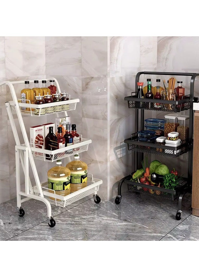 3-Tier Rolling Kitchen Cart with Wheels Metal Storage Rack for Bathroom Office Coffee Bar Fruits and Vegetables Foldable and Swivel Design Versatile Storage Shelf with Handle Baskets and Containers for Home Organization