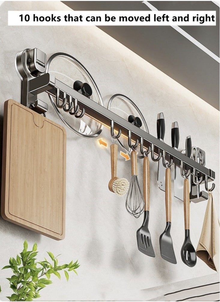 1-Piece Suction Cup Kitchen Knife Rack Kitchen Storage Shelf Kitchenware Organizer With 10 Hooks Aluminium Alloy Grey 50x7x13 cm