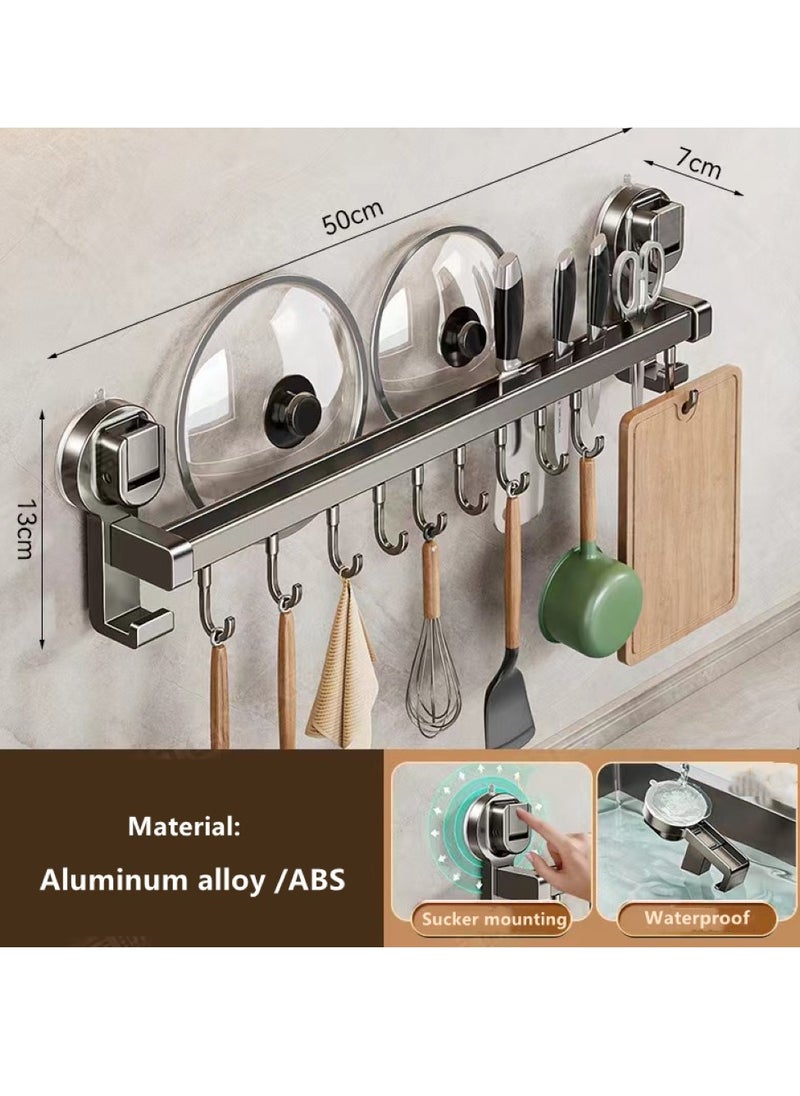 1-Piece Suction Cup Kitchen Knife Rack Kitchen Storage Shelf Kitchenware Organizer With 10 Hooks Aluminium Alloy Grey 50x7x13 cm