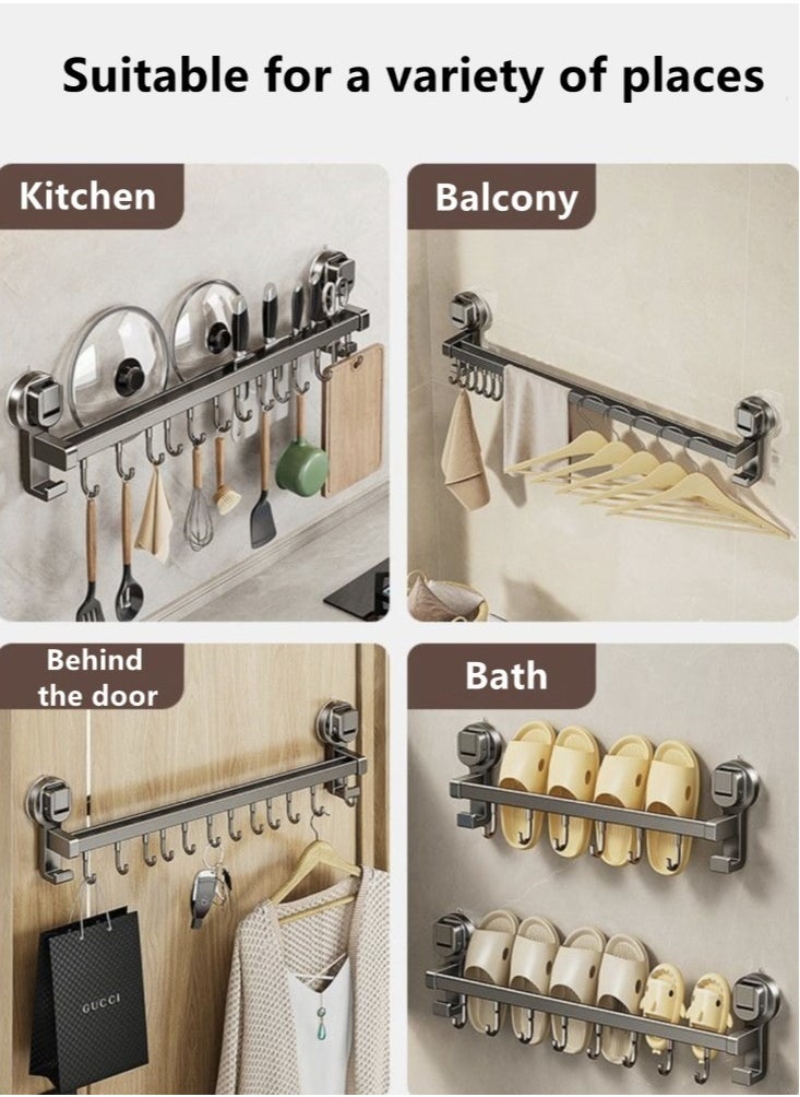 1-Piece Suction Cup Kitchen Knife Rack Kitchen Storage Shelf Kitchenware Organizer With 10 Hooks Aluminium Alloy Grey 50x7x13 cm