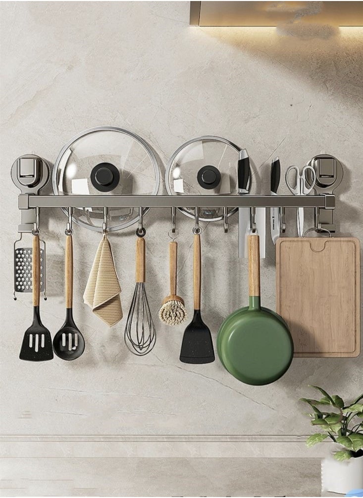 1-Piece Suction Cup Kitchen Knife Rack Kitchen Storage Shelf Kitchenware Organizer With 10 Hooks Aluminium Alloy Grey 50x7x13 cm