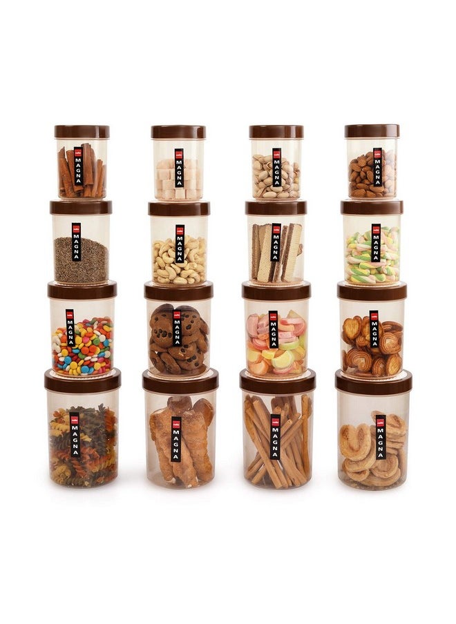 CELLO Plastic Magna Container Set of 16 (500ml x 4, 750ml x4, 1000ml x 4, 1700ml x 4) Brown | Plastic Container Set for Kitchen | Storage Jars for Grains, Pulses, Condiments, Snack