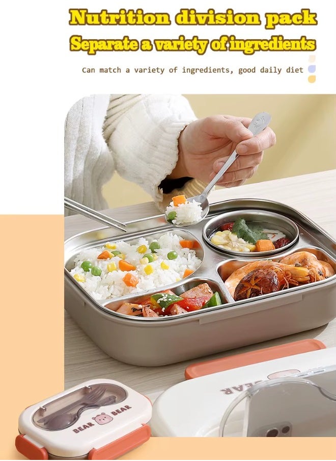 Twisoo Cute Cartoon Bento Stainless Steel Lunch Box Double Decker With Soup Bowl, Plastic Spoon, Fork, Steel Spoon and Pair of Chopsticks, BPA Free Leakproof Spill proof 3 Compartment (Cream)