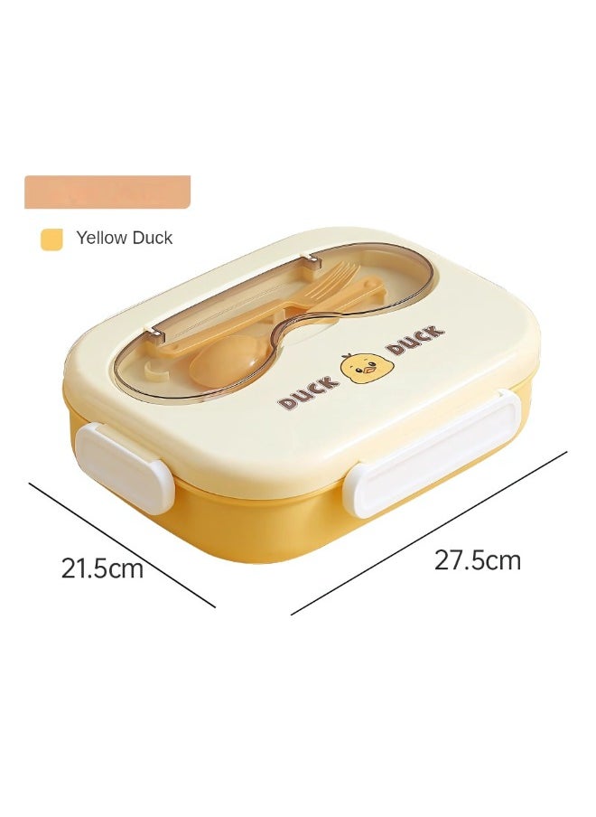 Twisoo Cute Cartoon Bento Stainless Steel Lunch Box Double Decker With Soup Bowl, Plastic Spoon, Fork, Steel Spoon and Pair of Chopsticks, BPA Free Leakproof Spill proof 3 Compartment (Yellow)