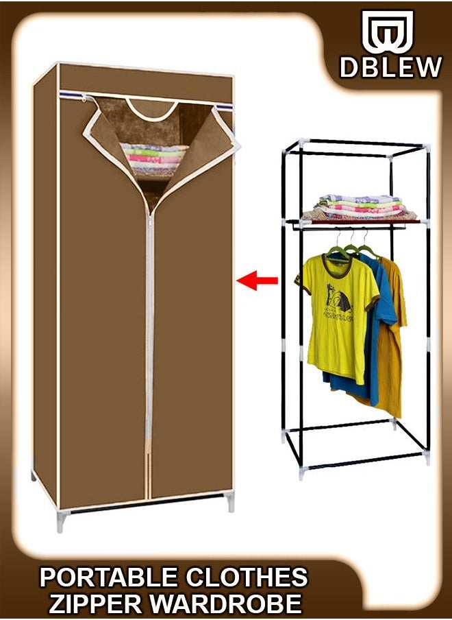 Portable 2 Layer Freestanding Wardrobe Closet Clothes Storage Organizer With Hanging Rack & Waterproof Non-Woven Fabric Cover For Shirts Suits Blankets Bed Sheets Pants Shoes