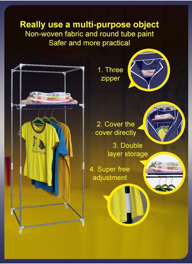 Portable 2 Layer Freestanding Wardrobe Closet Clothes Storage Organizer With Hanging Rack & Waterproof Non-Woven Fabric Cover For Shirts Suits Blankets Bed Sheets Pants Shoes