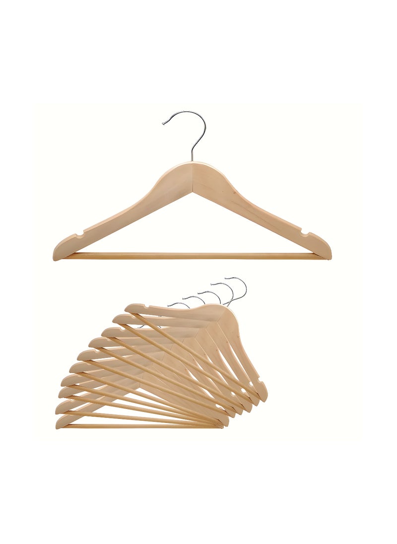 A Set Of 10 Natural Blonde Wood Color Coat/Suit Hangers, Hangers Clothes With 360° Swivel, Non-slip Pants Bar, Shoulder Notches for Camisole, Jacket, pants (10-Pack)