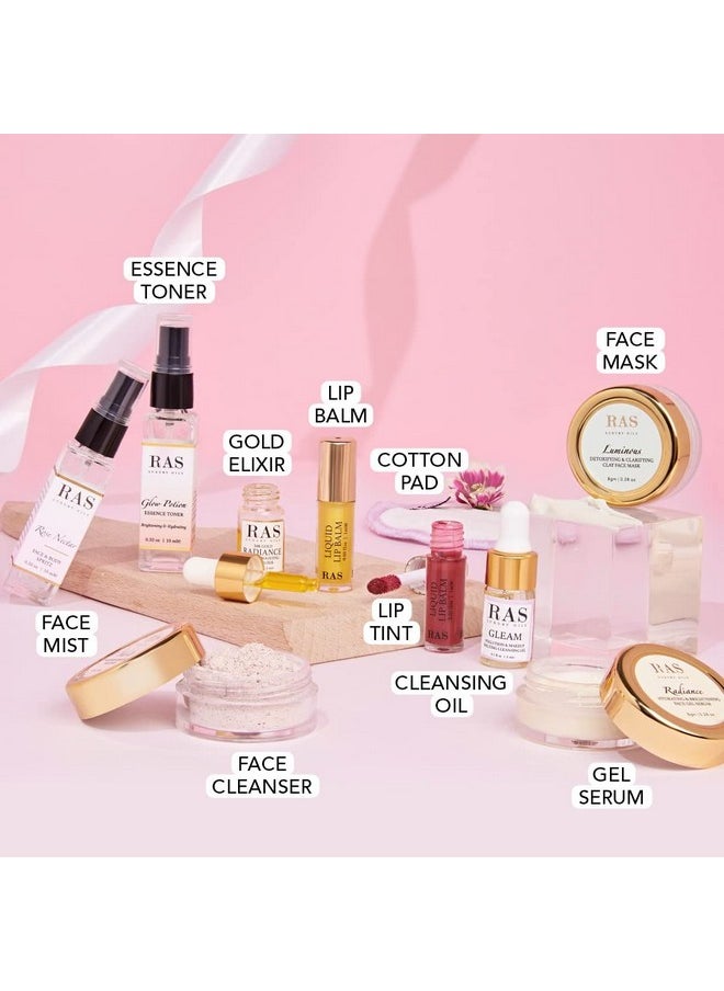 10-Piece Glow Essentials Miniature Set | Helps Cleanse, Brighten & Calms Skin | Keeps Skin Nourished & Hydrated | Contains Rice Powder, 24-K Gold, Aloe & Niacinamide, Pack Of 10