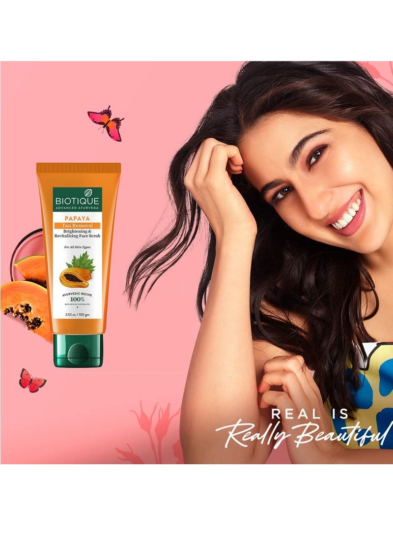 Biotique Papaya Tan Removal Brightening & Revitalizing Face Scrub | Gentle Exfoliation | Smooth and Clear Complexation | 100% Botanical Extracts| Suitable for All Skin Types | 100g