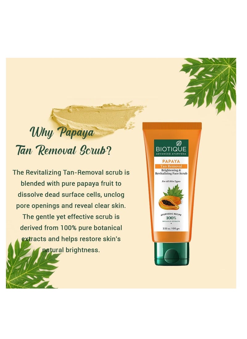 Biotique Papaya Tan Removal Brightening & Revitalizing Face Scrub | Gentle Exfoliation | Smooth and Clear Complexation | 100% Botanical Extracts| Suitable for All Skin Types | 100g