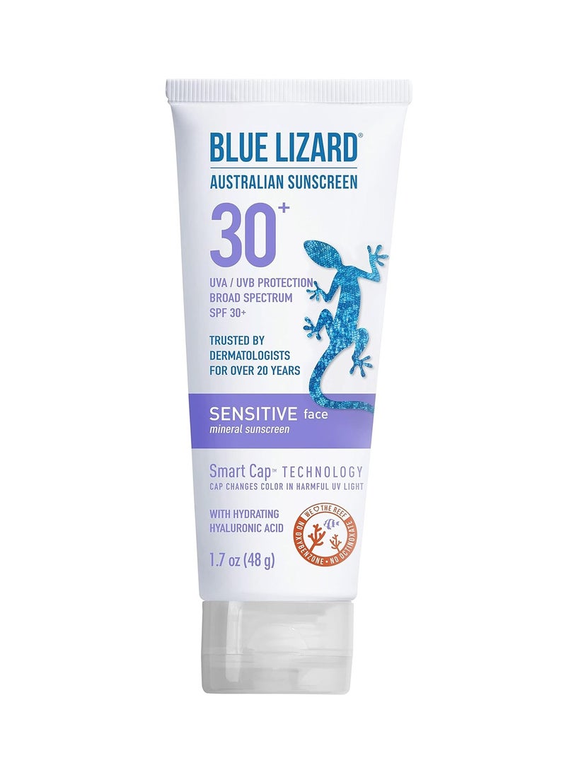 Blue Lizard SENSITIVE FACE Mineral Sunscreen with Zinc Oxide and Hydrating Hyaluronic Acid, SPF 30+, Water Resistant, UVA/UVB Protection with Smart Cap Technology - Fragrance Free, 1.7 oz.