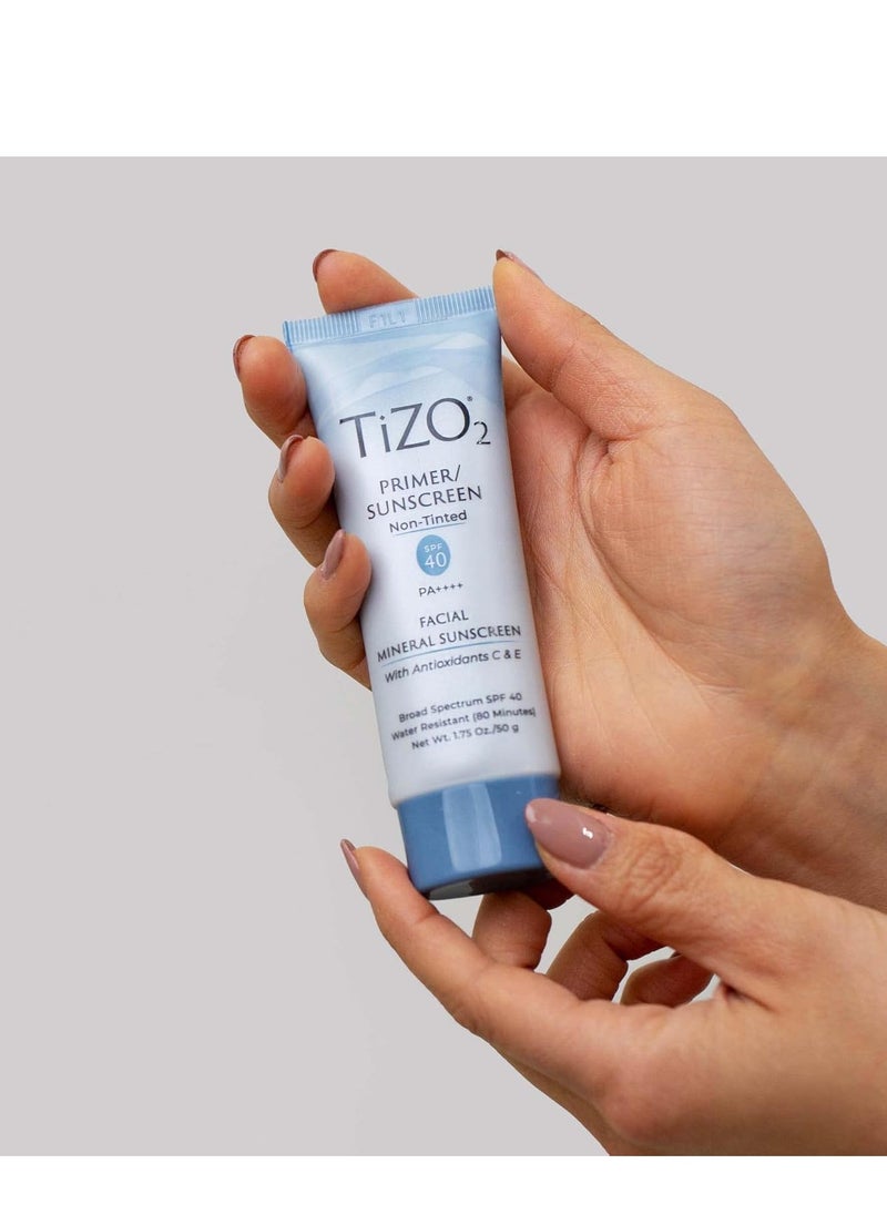 TiZO2 Facial Mineral Sunscreen and Primer, Non-tinted Broad Spectrum SPF 40 with Antioxidants, Sheer matte finish, Fragrance-Free, Oil-Free, Dermatologist-recommended, PA++++ 1.75 oz