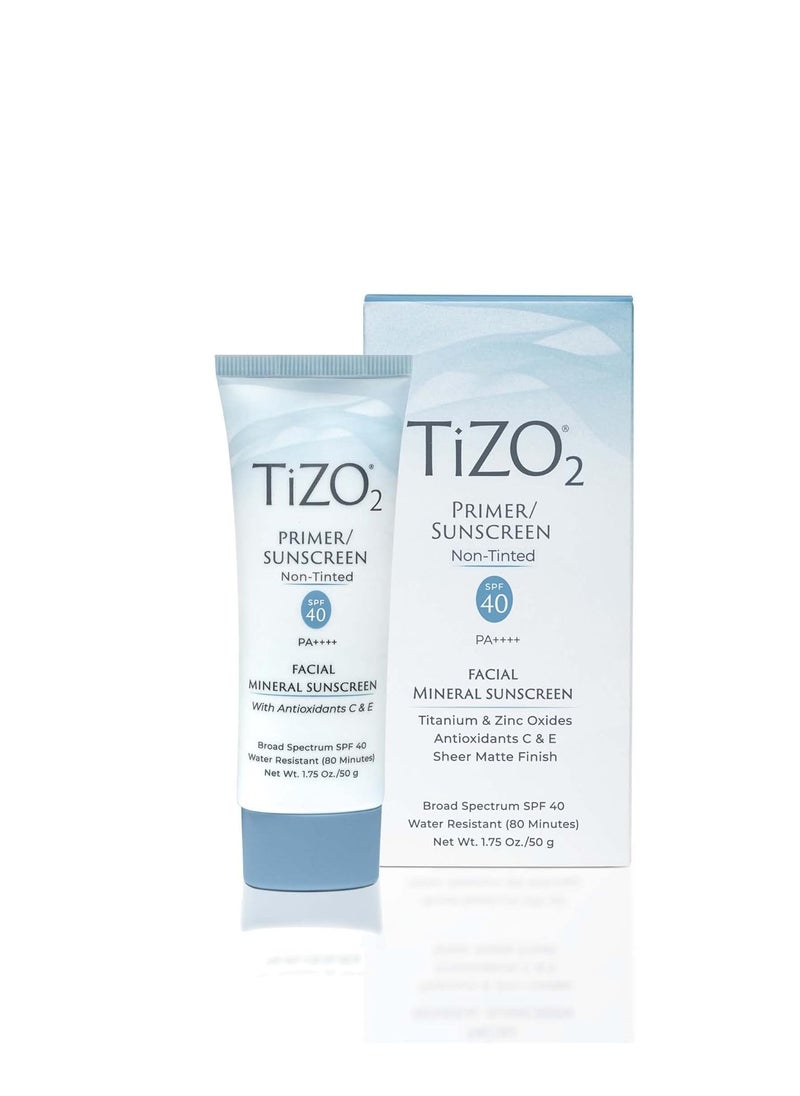 TiZO2 Facial Mineral Sunscreen and Primer, Non-tinted Broad Spectrum SPF 40 with Antioxidants, Sheer matte finish, Fragrance-Free, Oil-Free, Dermatologist-recommended, PA++++ 1.75 oz