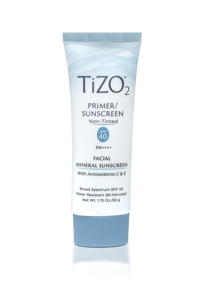 TiZO2 Facial Mineral Sunscreen and Primer, Non-tinted Broad Spectrum SPF 40 with Antioxidants, Sheer matte finish, Fragrance-Free, Oil-Free, Dermatologist-recommended, PA++++ 1.75 oz