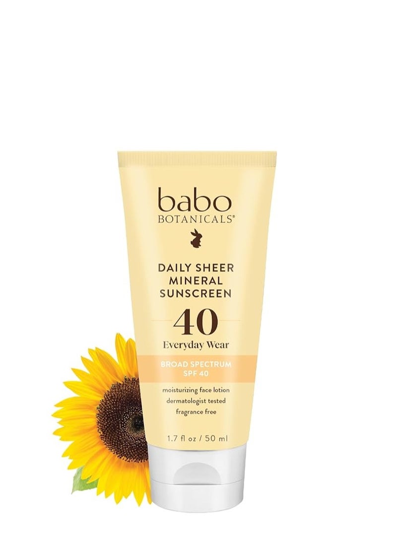 Babo Botanicals Daily Sheer Mineral Face Sunscreen Lotion SPF40 - Natural Zinc Oxide & Titanium Dioxide - 70% Organic Ingredients - Raspberry Oil & Aloe Vera - Fragrance Free - For Face - For all ages