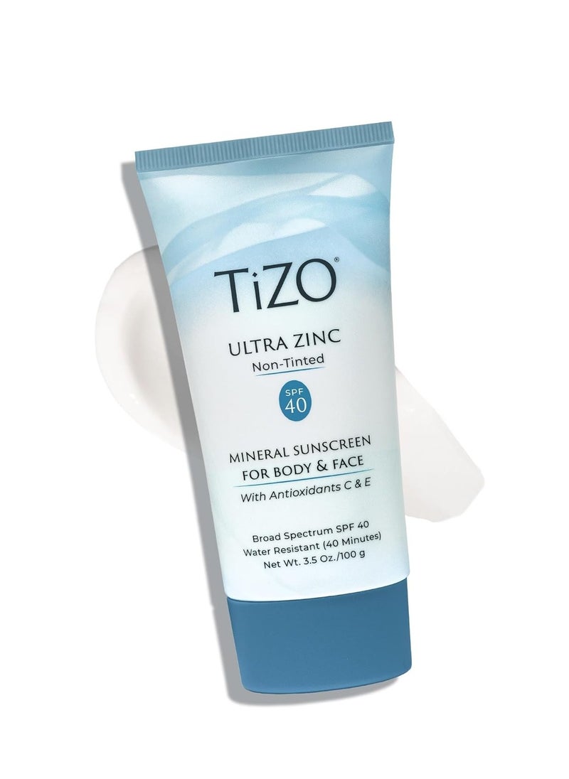 TiZO® Ultra Zinc | Non Tinted | Broad Spectrum SPF 40 for face and body | UVA and UVB protection | 20% Zinc Oxide formula | All Skin Types | 3.5 oz/100 g