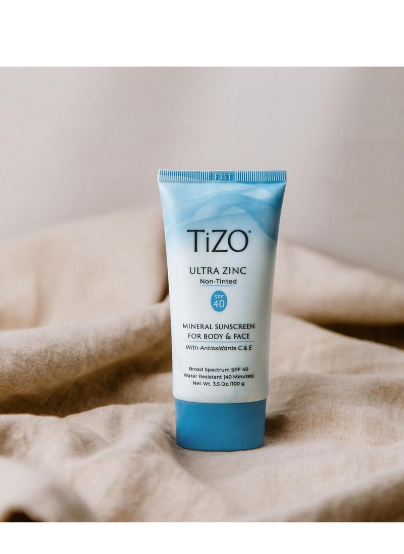 TiZO® Ultra Zinc | Non Tinted | Broad Spectrum SPF 40 for face and body | UVA and UVB protection | 20% Zinc Oxide formula | All Skin Types | 3.5 oz/100 g