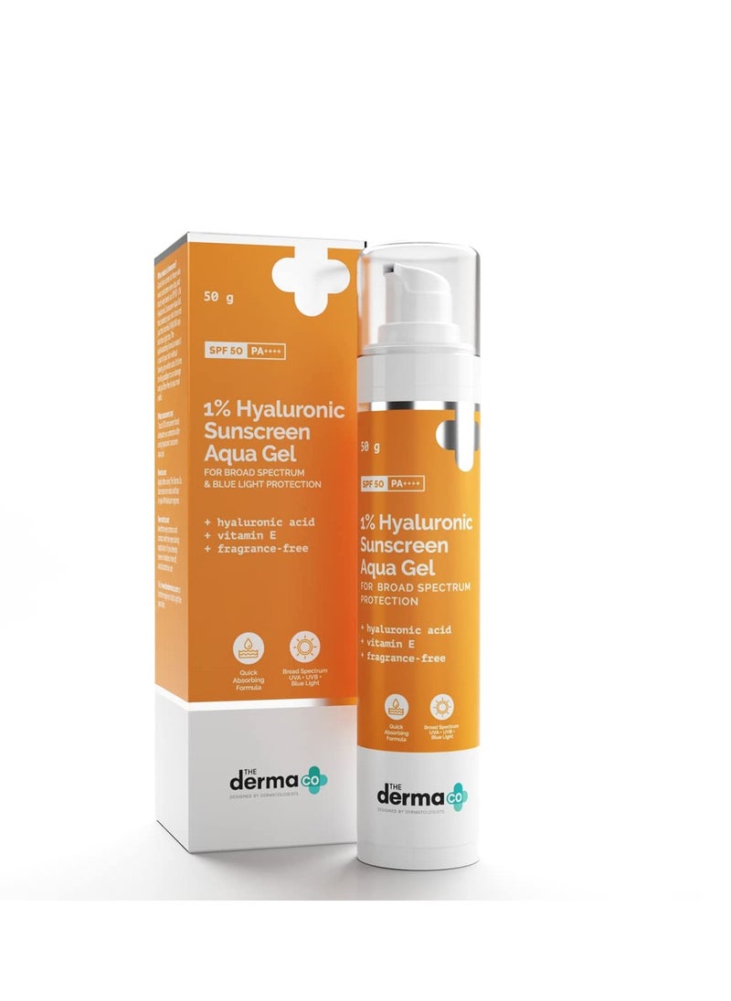 1% Hyaluronic Sunscreen Aqua Gel with SPF 50 & PA++++ | Broad Spectrum UVA/B & Blue Light Protection | Lightweight & Quick Absorbing with Vitamin E | 1.76 Oz/50g