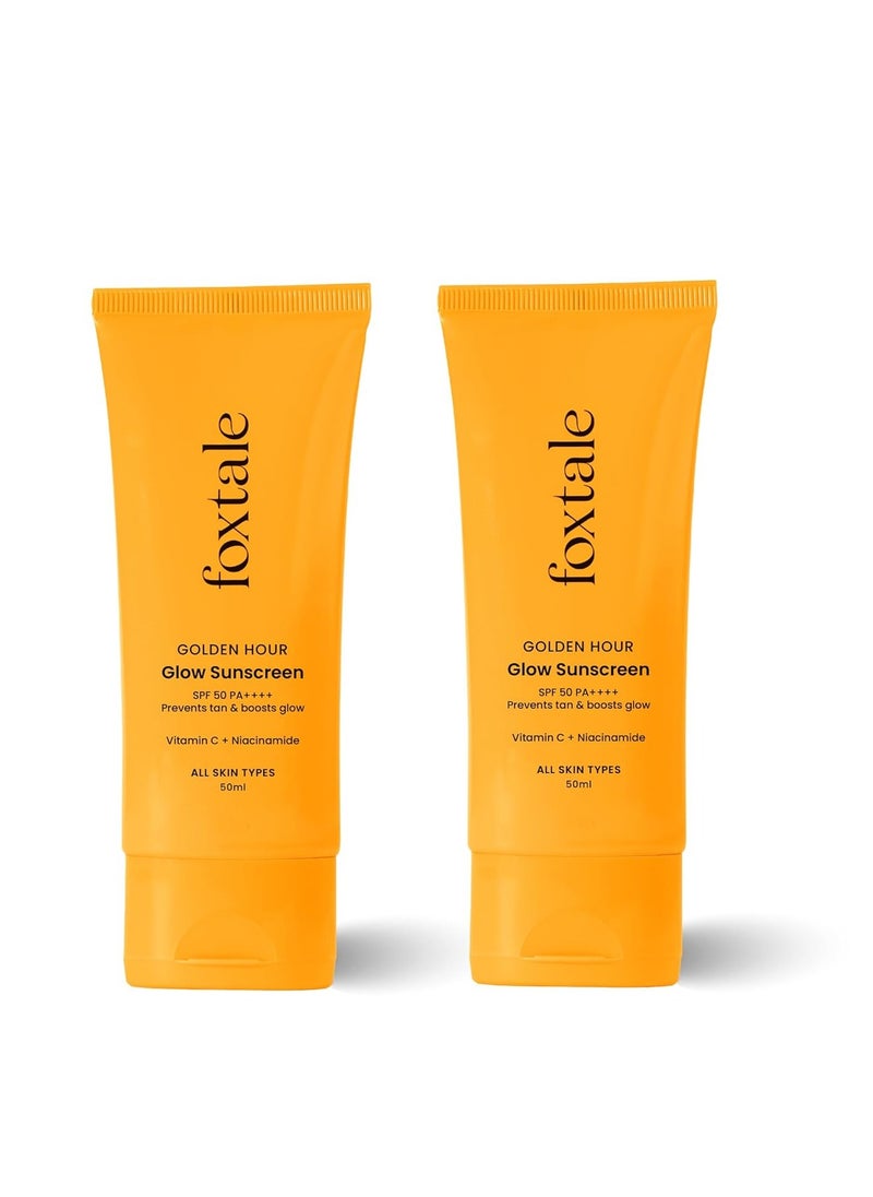 FoxTale - (Pack Of 2) Essentials Daily Glow Sunscreen Spf 50 Sunscreen Vitamin C & Niacinamide, Uva & Uvb Filters-Clinically Proven Brightening Ingredients, No White Cast, Non-Greasy Formula, 50 Ml
