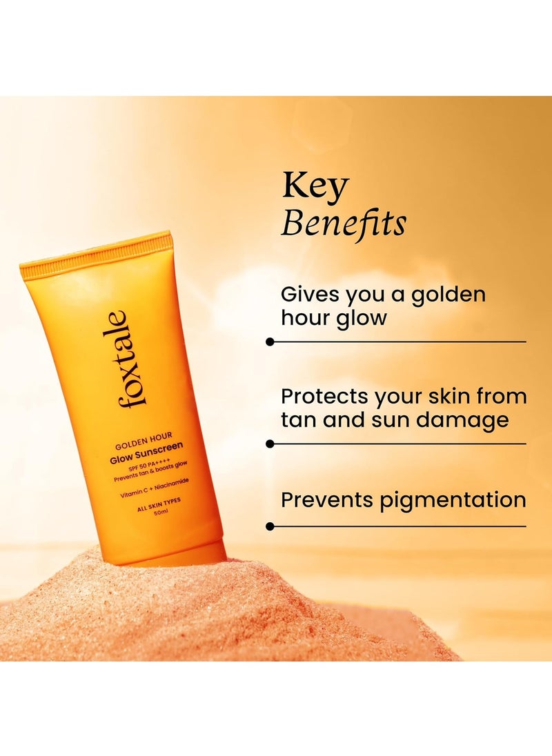 FoxTale - (Pack Of 2) Essentials Daily Glow Sunscreen Spf 50 Sunscreen Vitamin C & Niacinamide, Uva & Uvb Filters-Clinically Proven Brightening Ingredients, No White Cast, Non-Greasy Formula, 50 Ml