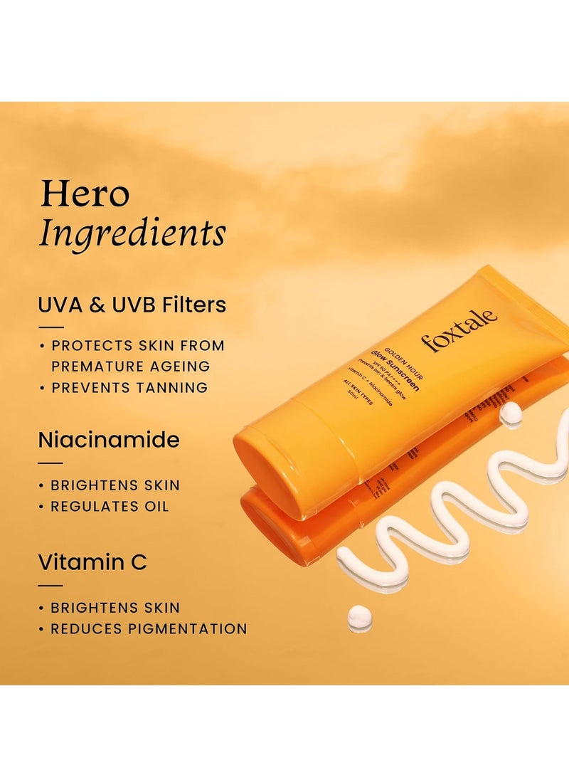 FoxTale - (Pack Of 2) Essentials Daily Glow Sunscreen Spf 50 Sunscreen Vitamin C & Niacinamide, Uva & Uvb Filters-Clinically Proven Brightening Ingredients, No White Cast, Non-Greasy Formula, 50 Ml