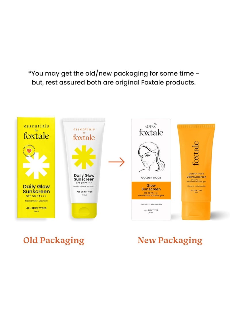 FoxTale - (Pack Of 2) Essentials Daily Glow Sunscreen Spf 50 Sunscreen Vitamin C & Niacinamide, Uva & Uvb Filters-Clinically Proven Brightening Ingredients, No White Cast, Non-Greasy Formula, 50 Ml