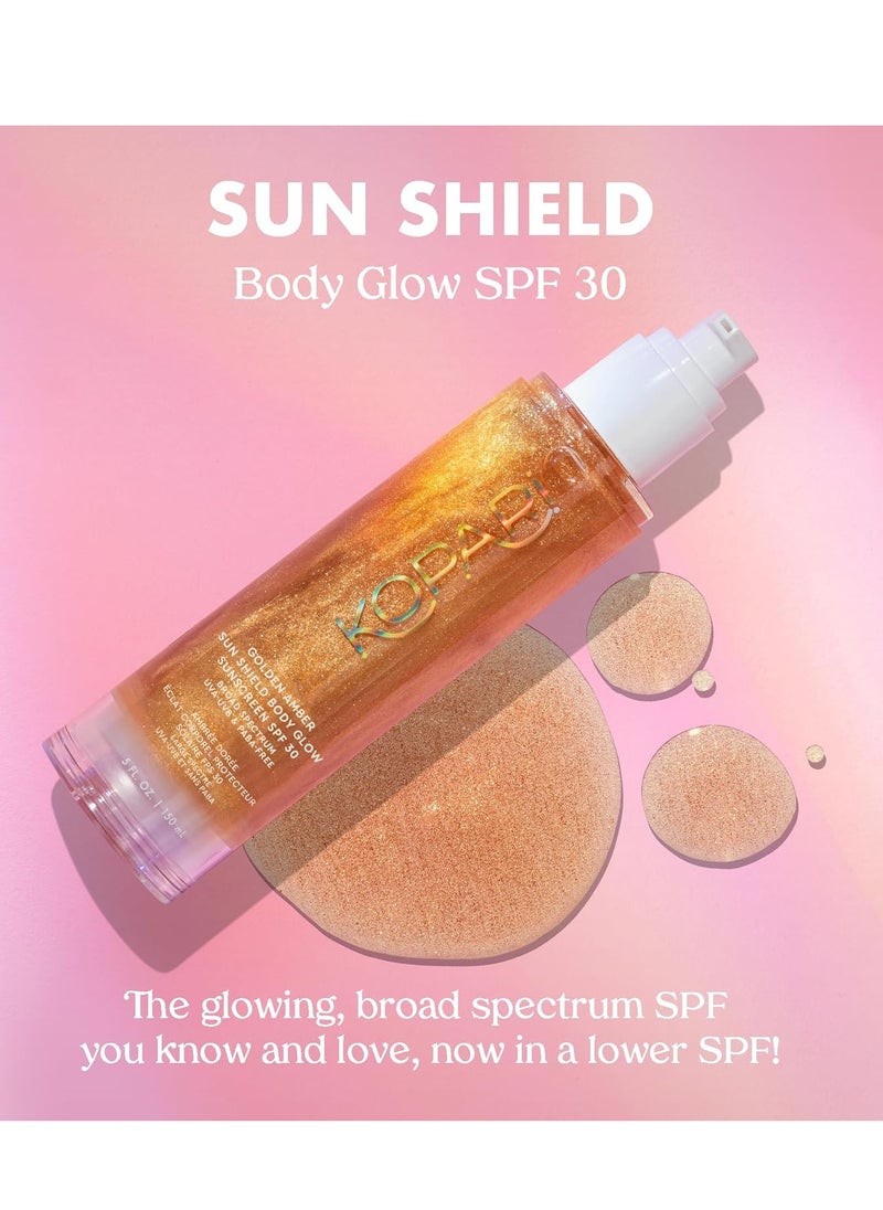 Kopari Sun Shield Body Glow, Broad Spectrum SPF 30, Lightweight Shimmering Gel Texture Absorbs Quickly, Non Sticky, Glowing Results, Golden Amber 5 oz