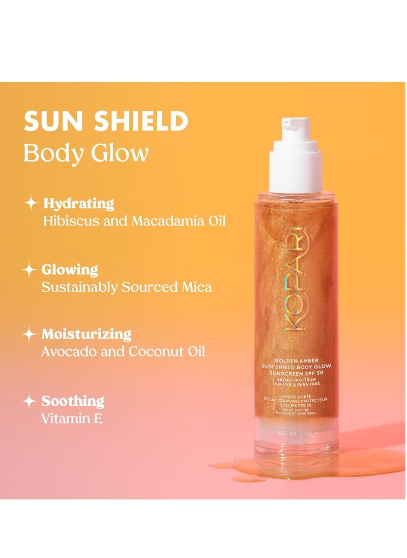 Kopari Sun Shield Body Glow, Broad Spectrum SPF 30, Lightweight Shimmering Gel Texture Absorbs Quickly, Non Sticky, Glowing Results, Golden Amber 5 oz